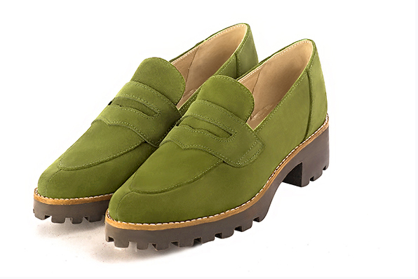 Pistachio green women's casual loafers. Round toe. Low rubber soles. Front view - Florence KOOIJMAN